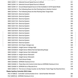 May include: A printed page from greenfarmmanuals.com with a list of technical codes and descriptions, including electrical system errors, sensor mismatches, and vacuum automation problems. The page number is 10.