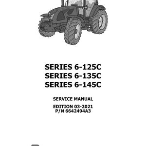 May include: Black and white illustration of a tractor. The image includes the text "SERIES 6-125C, SERIES 6-135C, SERIES 6-145C, SERVICE MANUAL, EDITION 03-2021, P/N 6642494A3" and the Landini logo.