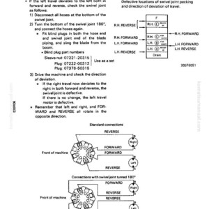 May include: Diagram from a Komatsu manual, titled "Testing for Leakage of Oil from Center Swivel Joint (PC20-6)." Includes diagrams of standard and turned swivel joint connections, and instructions for checking the joint.