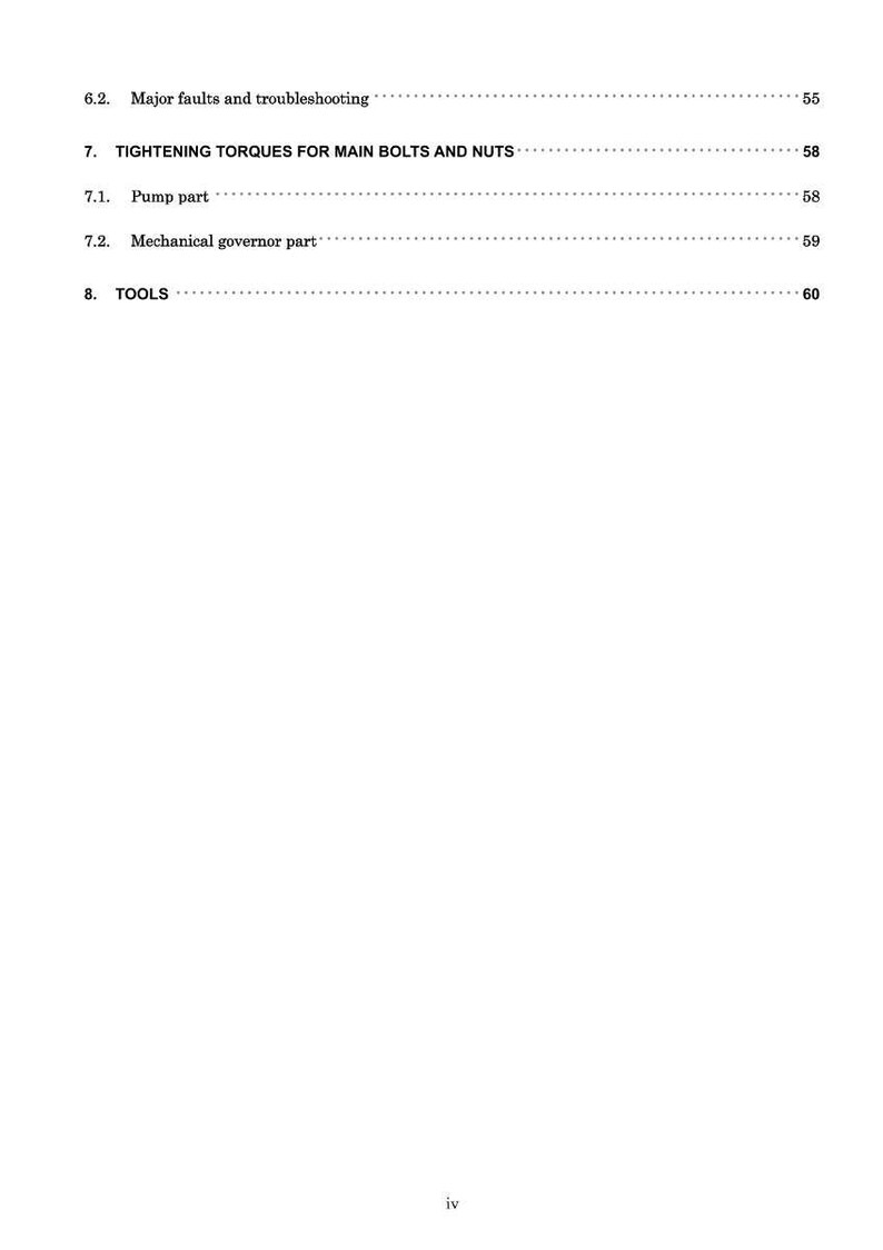 May include: A page from a manual with a table of contents. The headings include "Major faults and troubleshooting," "Tightening torques for main bolts and nuts," and "Tools." Page numbers are listed to the right of each heading.