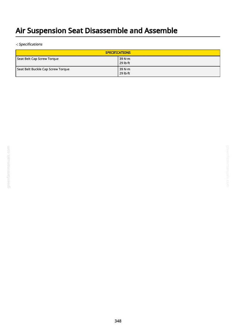 May include: A white page with the title "Air Suspension Seat Disassemble and Assemble". Below the title is a table with specifications for seat belt cap screw torque and seat belt buckle cap screw torque, both listed as 39 N-m and 29 lb-ft.