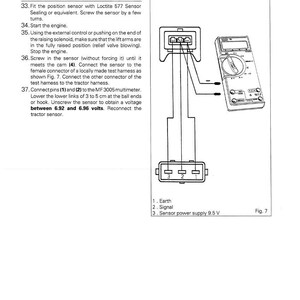 May include: Diagram from a tractor manual showing the rear axle lift cover and position sensor adjustment. Includes a multimeter, wiring diagrams, and text instructions. The text reads "8100 SERIES TRACTORS" and "February 1995".