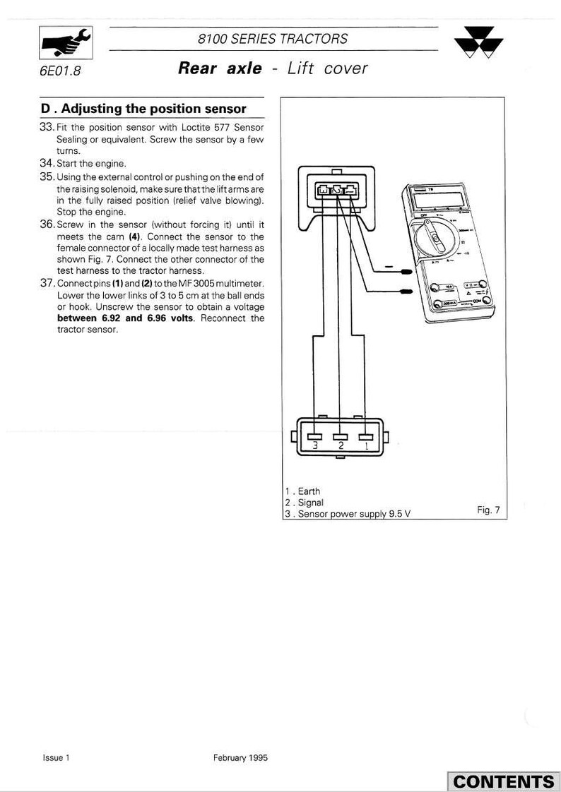 May include: Diagram from a tractor manual showing the rear axle lift cover and position sensor adjustment. Includes a multimeter, wiring diagrams, and text instructions. The text reads "8100 SERIES TRACTORS" and "February 1995".