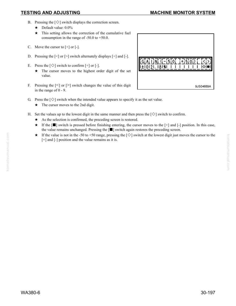 Op de afbeelding: Een pagina uit een handleiding voor een machinebewakingssysteem, getiteld "Testen en afstellen". De tekst beschrijft hoe u instellingen kunt aanpassen, met een display met "GAIN -50 +50" en andere numerieke waarden. Bevat de tekst "WA380-6."