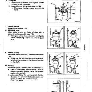 May include: Diagram of clutch pack disassembly and assembly instructions. Includes illustrations of end plate, thrust washer, reverse gear, needle bearing, and bearing components. Text instructions accompany each step.