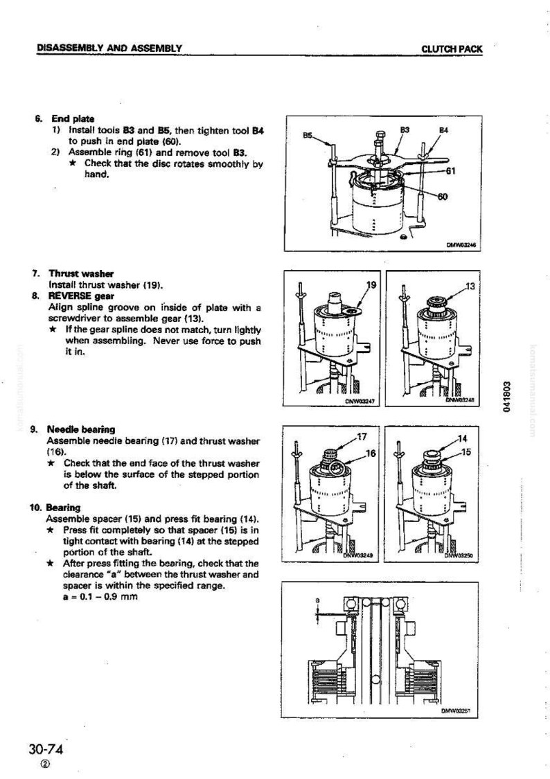 May include: Diagram of clutch pack disassembly and assembly instructions. Includes illustrations of end plate, thrust washer, reverse gear, needle bearing, and bearing components. Text instructions accompany each step.