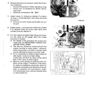 Puede incluir: Diagrama t&eacute;cnico que detalla el proceso de medici&oacute;n de la presi&oacute;n de soplado en un motor. Incluye instrucciones, diagramas y un rango de temperatura de 45-55&deg;C. La imagen es de un manual Komatsu.