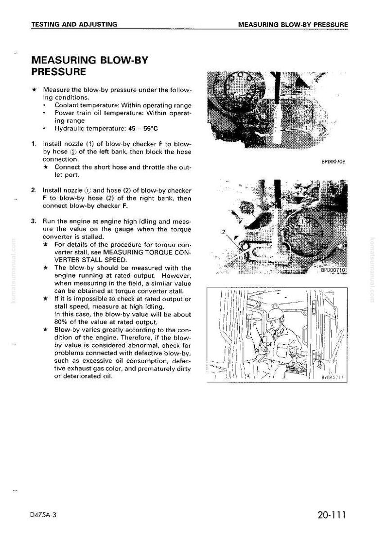 Puede incluir: Diagrama t&eacute;cnico que detalla el proceso de medici&oacute;n de la presi&oacute;n de soplado en un motor. Incluye instrucciones, diagramas y un rango de temperatura de 45-55&deg;C. La imagen es de un manual Komatsu.