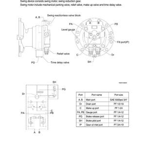 May include: Diagram of a swing device, including a swing motor and reduction gear. The diagram includes labels for various components such as the relief valve, level gauge, and fill port. A table lists port names and sizes.