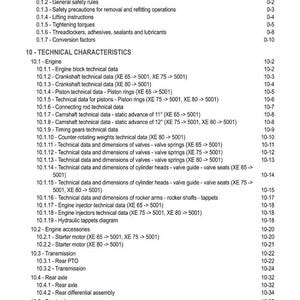 May include: A detailed table of contents from a technical manual, listing sections on engine characteristics, including data on pistons, valves, and cylinder heads. The document also covers transmission, axles, and hydraulic systems.