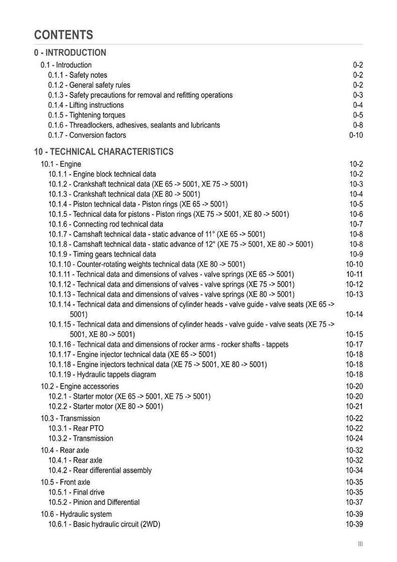 May include: A detailed table of contents from a technical manual, listing sections on engine characteristics, including data on pistons, valves, and cylinder heads. The document also covers transmission, axles, and hydraulic systems.