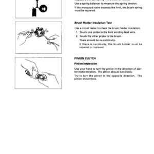 Puede incluir: Una p&aacute;gina de un manual que detalla los componentes el&eacute;ctricos del motor. El texto incluye instrucciones para inspeccionar un resorte de escobilla, probar el aislamiento del portaesco-billas e inspeccionar un embrague de pi&ntilde;&oacute;n. Los diagramas ilustran cada procedimiento.