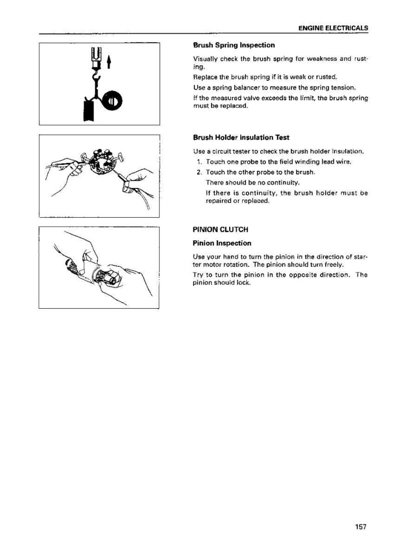Puede incluir: Una p&aacute;gina de un manual que detalla los componentes el&eacute;ctricos del motor. El texto incluye instrucciones para inspeccionar un resorte de escobilla, probar el aislamiento del portaesco-billas e inspeccionar un embrague de pi&ntilde;&oacute;n. Los diagramas ilustran cada procedimiento.