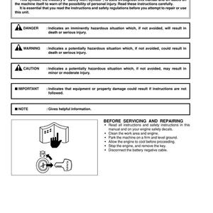 May include: A page from a manual with safety instructions. The top section features the text "SAFETY FIRST" and a warning symbol. Below are definitions for "DANGER," "WARNING," "CAUTION," "IMPORTANT," and "NOTE." The bottom section details steps for servicing and repairing.