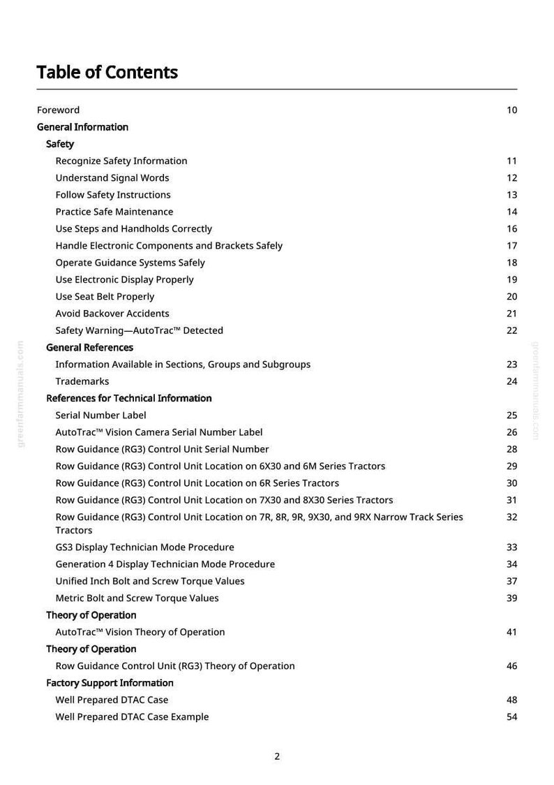May include: A white page titled "Table of Contents" from a manual. The table lists safety information, general references, and technical information. Topics include safety instructions, serial numbers, and tractor guidance systems.