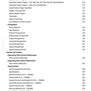 May include: A white page with a detailed table of contents for a manual. The text includes instructions for balers, feeder fingers, and knotters, with corresponding page numbers. The document is for agricultural equipment.