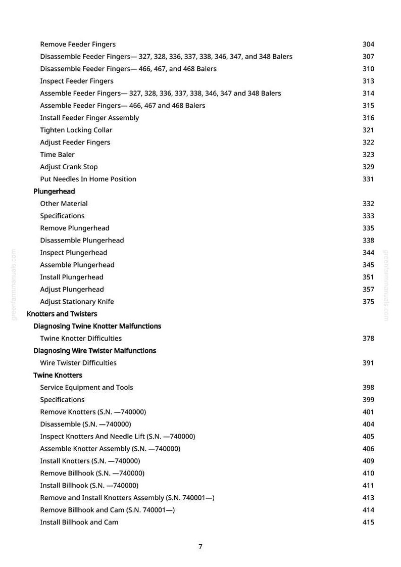 May include: A white page with a detailed table of contents for a manual. The text includes instructions for balers, feeder fingers, and knotters, with corresponding page numbers. The document is for agricultural equipment.