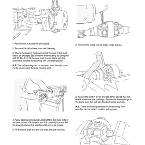 Pode incluir: Diagrama t&eacute;cnico que ilustra o processo de troca de uma bucha de rolamento interna e de um retentor de &oacute;leo num eixo dianteiro motorizado. Inclui etapas e diagramas detalhados para a recondicionamento de uma junta universal dupla.