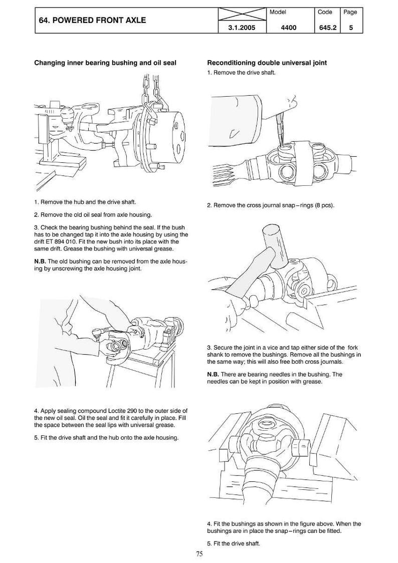 Pode incluir: Diagrama t&eacute;cnico que ilustra o processo de troca de uma bucha de rolamento interna e de um retentor de &oacute;leo num eixo dianteiro motorizado. Inclui etapas e diagramas detalhados para a recondicionamento de uma junta universal dupla.