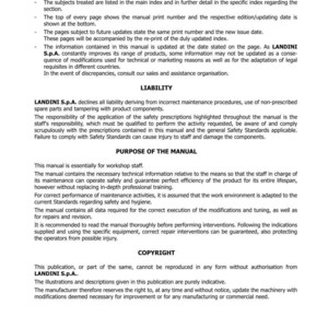K&ouml;nnte beinhalten: Eine Seite aus einem Handbuch f&uuml;r den Traktor der 7er-Serie von LANDINI S.p.A. Der Text enth&auml;lt eine Einf&uuml;hrung, Informationen zur Haftung, den Zweck des Handbuchs und Urheberrechtsdetails. Die Ausgabe des Handbuchs ist 02-2012.