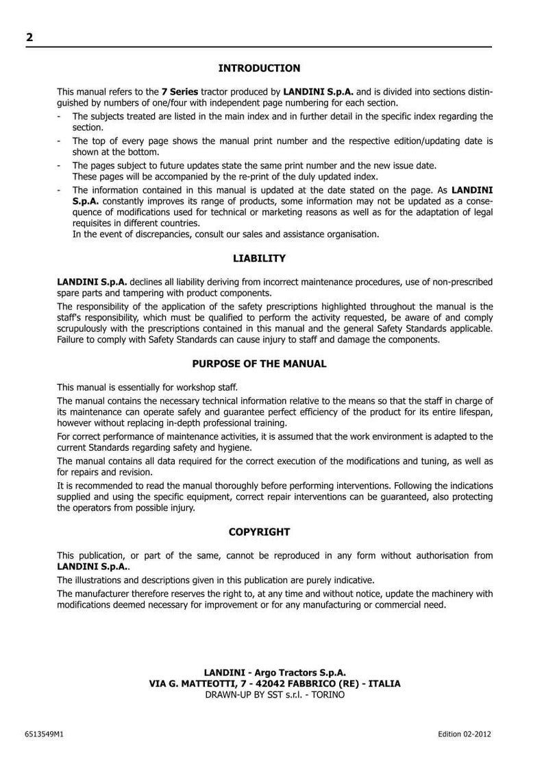 K&ouml;nnte beinhalten: Eine Seite aus einem Handbuch f&uuml;r den Traktor der 7er-Serie von LANDINI S.p.A. Der Text enth&auml;lt eine Einf&uuml;hrung, Informationen zur Haftung, den Zweck des Handbuchs und Urheberrechtsdetails. Die Ausgabe des Handbuchs ist 02-2012.
