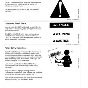 May include: A page from a manual titled "Safety." It includes safety alert symbols, the words "Danger," "Warning," and "Caution," and instructions on how to follow safety guidelines. A stick figure is reading a manual.