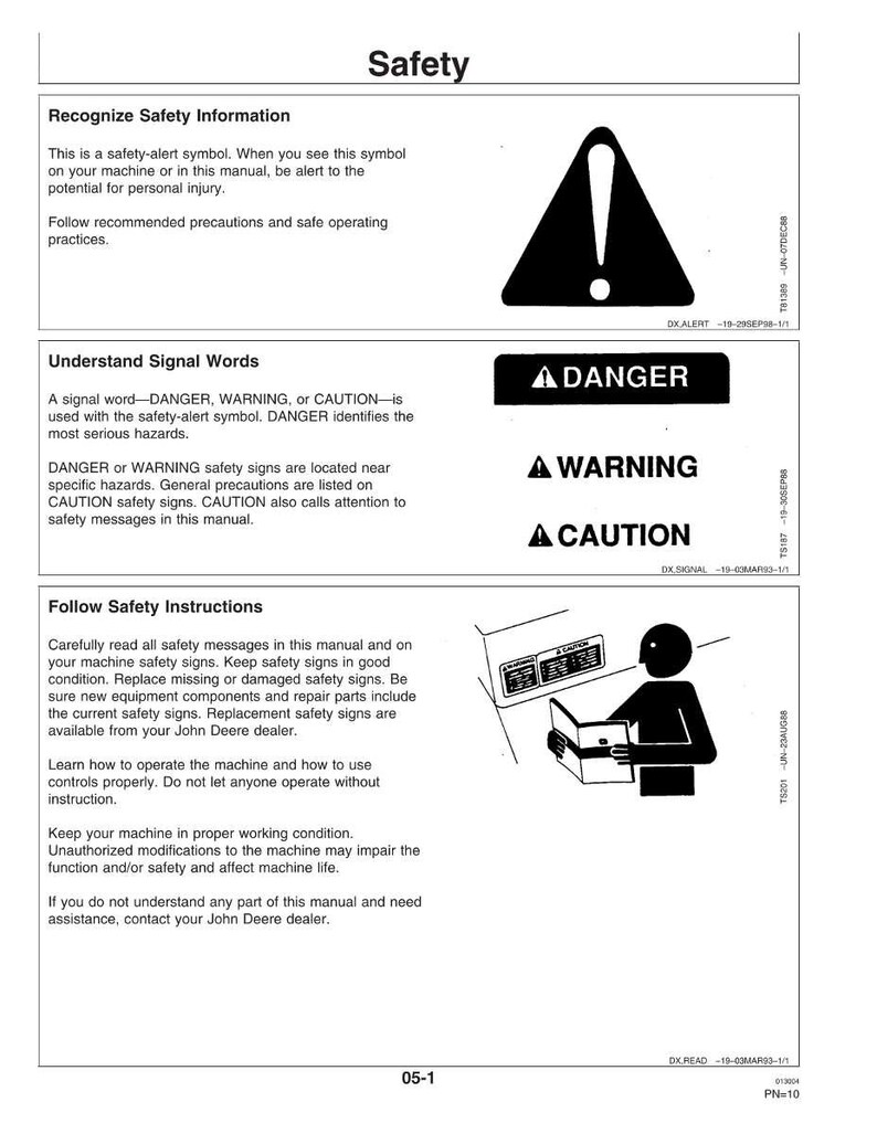 May include: A page from a manual titled "Safety." It includes safety alert symbols, the words "Danger," "Warning," and "Caution," and instructions on how to follow safety guidelines. A stick figure is reading a manual.