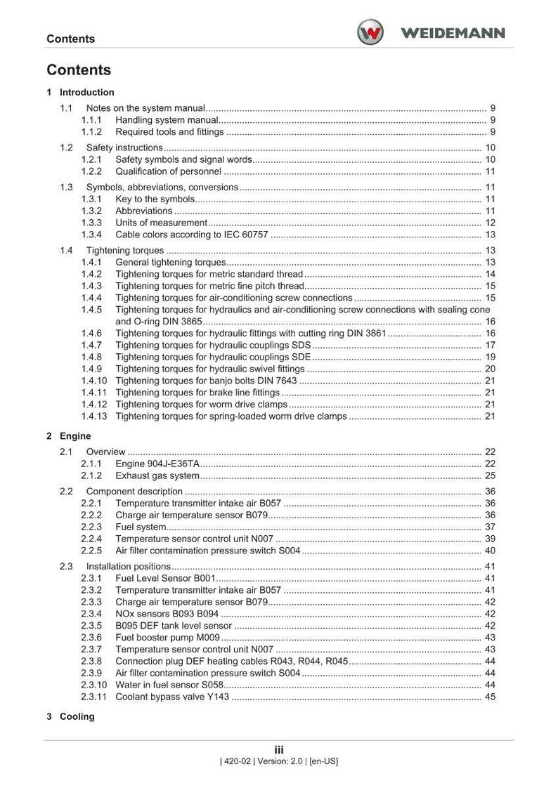 Może przedstawiać: Spis treści z instrukcji, zatytułowany "Contents". Dokument, dla produktu Weidemann, zawiera sekcje takie jak momenty dokręcania i elementy silnika.