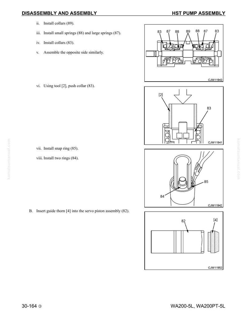 May include: Diagram of HST pump assembly with labels and instructions for disassembly and assembly. Includes illustrations of installing collars, springs, and rings. Text includes "DISASSEMBLY AND ASSEMBLY" and "HST PUMP ASSEMBLY".