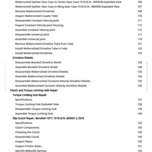 May include: A white-background page with a list of tractor repair procedures. The text includes titles like "Torque Limiting Hub Repair" and "Slip Clutch Repair". Page number 4 is visible.