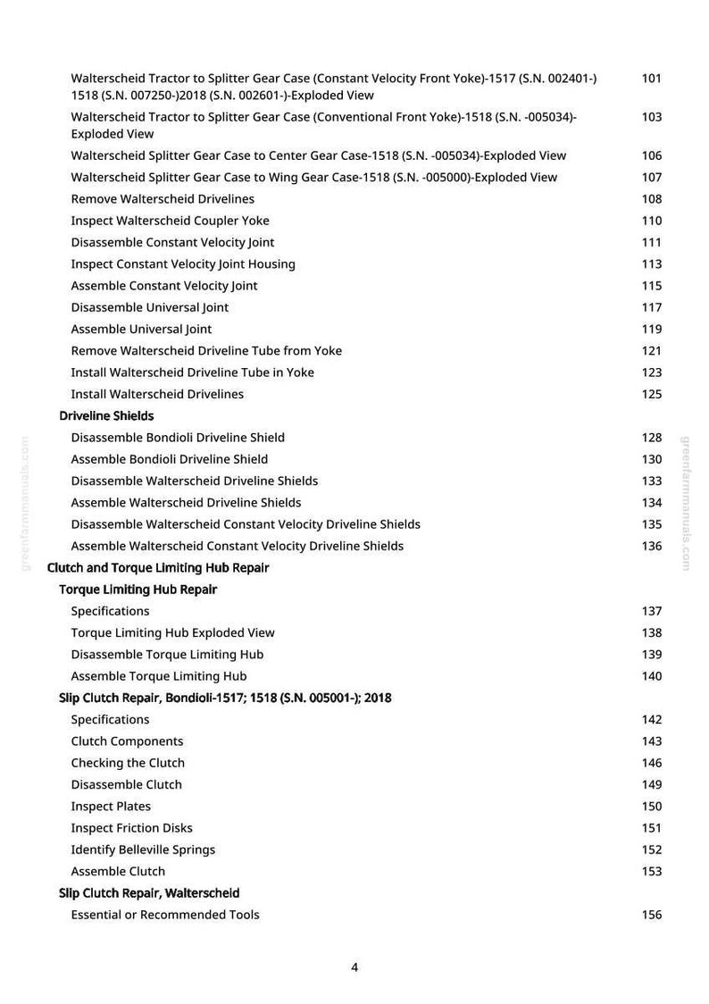 May include: A white-background page with a list of tractor repair procedures. The text includes titles like "Torque Limiting Hub Repair" and "Slip Clutch Repair". Page number 4 is visible.