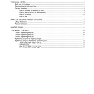 May include: A page from a tractor manual with the title "CONTENTS" and a list of topics including "Technical Notes", "Tightening Torques", and "Danger Signs". The Argo Tractors logo is in the upper right corner.