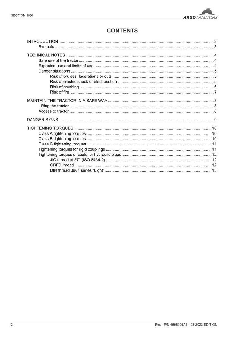 May include: A page from a tractor manual with the title "CONTENTS" and a list of topics including "Technical Notes", "Tightening Torques", and "Danger Signs". The Argo Tractors logo is in the upper right corner.