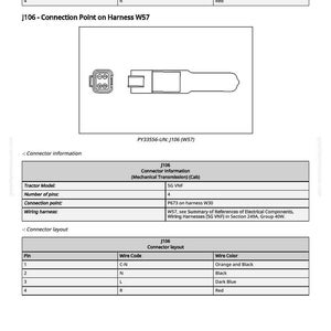 May include: Diagram of a J106 connection point on harness W57, with a connector layout table. The table lists pin numbers, wire codes, and wire colors, including orange and black, black, dark blue, and red. Additional connector information is also provided.