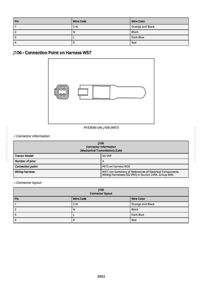 May include: Diagram of a J106 connection point on harness W57, with a connector layout table. The table lists pin numbers, wire codes, and wire colors, including orange and black, black, dark blue, and red. Additional connector information is also provided.