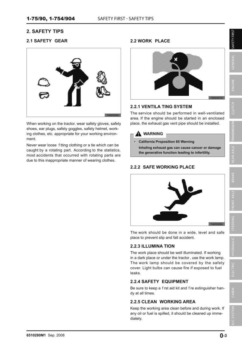 May include: A page from a safety manual with the title "SAFETY FIRST - SAFETY TIPS." It includes illustrations of safety gear, a diagram of a person in a hazardous environment, and safety warnings. Text provides instructions for safe work practices.