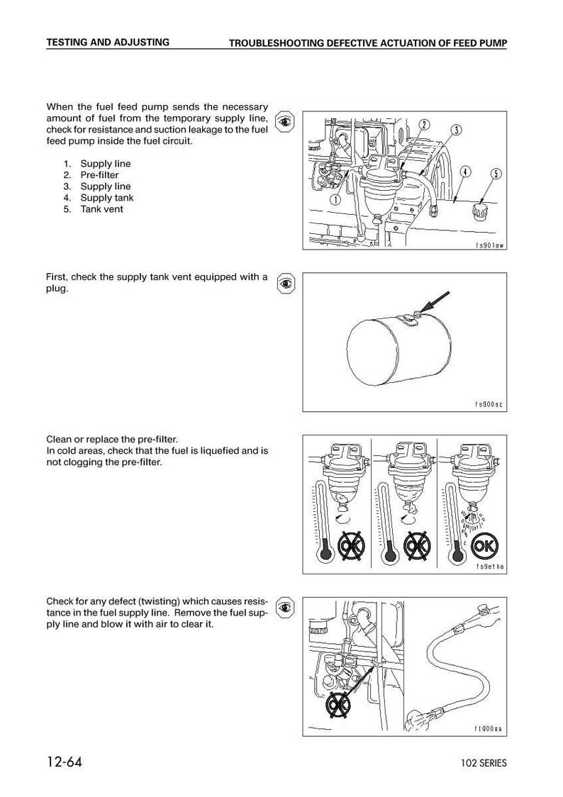 May include: Diagrams illustrating fuel system troubleshooting, including supply lines, pre-filters, and a tank vent. The text provides instructions for checking for leaks and blockages in the fuel circuit. The diagrams are in black and white.