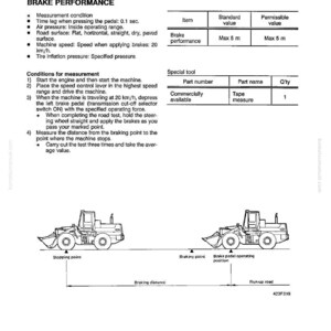 Peut inclure: Un sch&eacute;ma technique d&eacute;taillant les tests de performance de freinage. Le texte comprend les conditions de mesure, les valeurs standard et un sch&eacute;ma de la distance de freinage d'une machine. Le sch&eacute;ma montre une machine avec des points d'arr&ecirc;t et de freinage &eacute;tiquet&eacute;s.