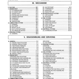 May include: A detailed table of contents from a manual, listing engine components, fuel systems, and electrical systems. The document includes sections on disassembly, servicing, and maintenance, with page numbers for each topic.