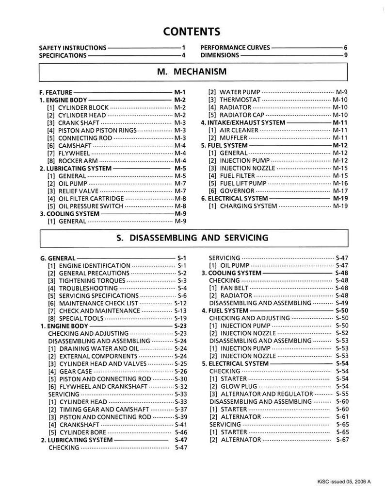 May include: A detailed table of contents from a manual, listing engine components, fuel systems, and electrical systems. The document includes sections on disassembly, servicing, and maintenance, with page numbers for each topic.