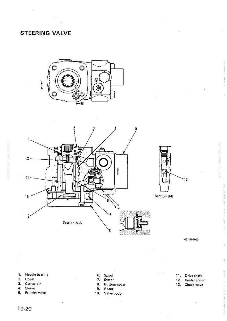 May include: Technical diagram of a steering valve, featuring multiple views and cross-sections. Labeled components include needle bearing, cover, stator, and rotor. The diagram includes the text "STEERING VALVE" and a component list.