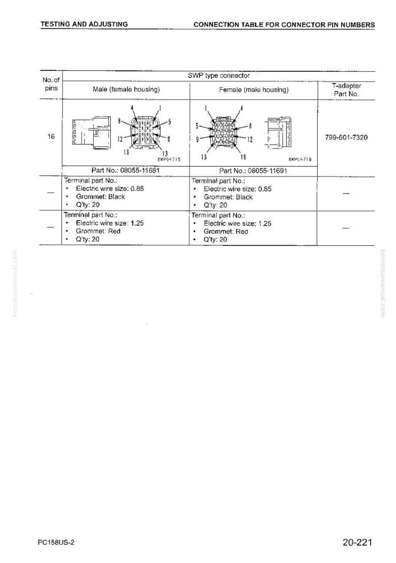 May include: Diagram of a connection table for connector pin numbers, with male and female housing illustrations. Includes part numbers, wire sizes, grommet colors, and quantities. Text includes "Testing and Adjusting".