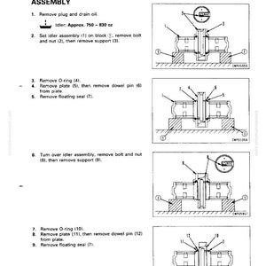 May include: Diagram of idler assembly disassembly steps. Includes illustrations with numbered parts, such as bolts, nuts, O-rings, and plates. Text instructions detail the removal of components, with measurements in cubic centimeters.