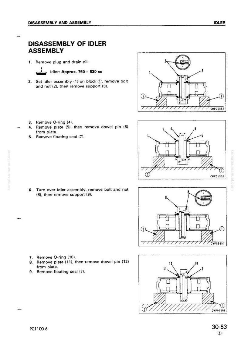 May include: Diagram of idler assembly disassembly steps. Includes illustrations with numbered parts, such as bolts, nuts, O-rings, and plates. Text instructions detail the removal of components, with measurements in cubic centimeters.