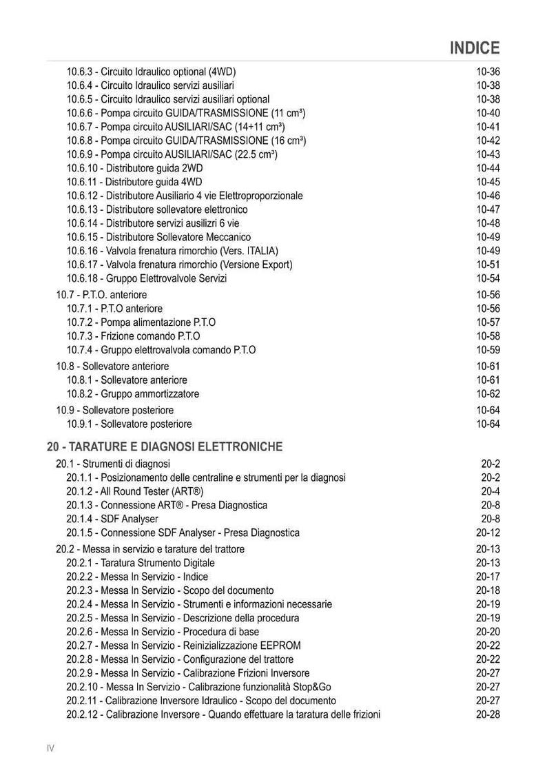 K&ouml;nnte beinhalten: Eine Manuellseite mit dem Titel "INDICE" (Inhaltsverzeichnis) und nummerierten Abschnitten. Der Text enth&auml;lt Begriffe wie "Hydraulikkreis", "Verteiler" und "elektronische Diagnostik". Die Seite zeigt ein Inhaltsverzeichnis.
