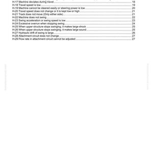 May include: A page from a troubleshooting manual, detailing potential operational issues and page references. The document is headed "40 Troubleshooting" and lists problems related to machine functionality, such as travel speed and swing.