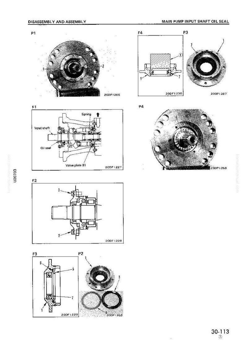 May include: Diagram of the disassembly and assembly of a main pump input shaft oil seal. The image includes multiple detailed diagrams of mechanical components, labeled with numbers and text, and a page number.