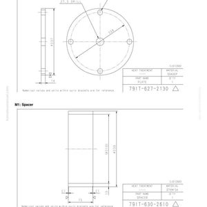 Pode incluir: Desenho t&eacute;cnico de uma placa e um espa&ccedil;ador. A placa &eacute; circular com cinco furos e dimens&otilde;es em mm. O espa&ccedil;ador &eacute; retangular com dimens&otilde;es em mm. Inclui n&uacute;meros de pe&ccedil;a e detalhes do material.