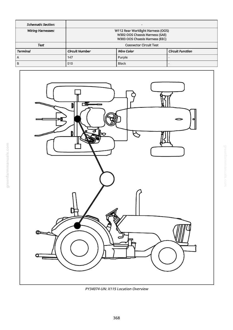 K&ouml;nnte beinhalten: Schwarz-wei&szlig;-Schema eines Traktors, das Kabelb&auml;ume und Schaltkreisdetails zeigt. Enth&auml;lt eine Tabelle mit Schaltkreisnummern, Kabelfarben und Anschlussinformationen. Text: "PY34074-UN: X115 Location Overview."