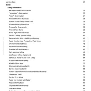 May include: A white page titled "Table of Contents" from a manual. The text lists safety topics, including "Prevent Machine Runaway" and "Handle Fluids Safely." Page numbers are on the right. The manual is for greenfarmmanuals.com.